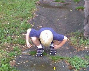 Jake searching for something in the puddle